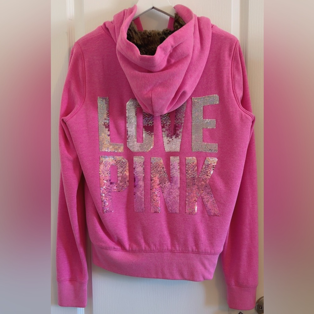 Victoria’s Secret Pink Sequin fur Hoodie with zipper Sz M